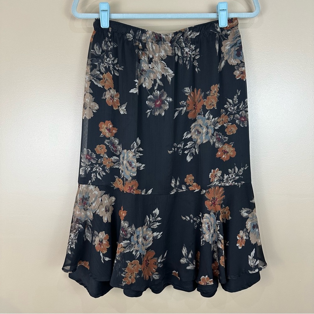Bonworth Black Floral Boho Layered Pull On Midi Skirt Medium Petite Y2K Goth